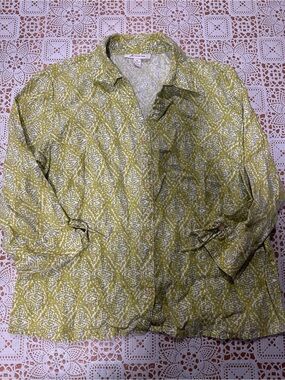 JM Collection Size 14 100% Linen Green Abstract Print Button Front Blouse